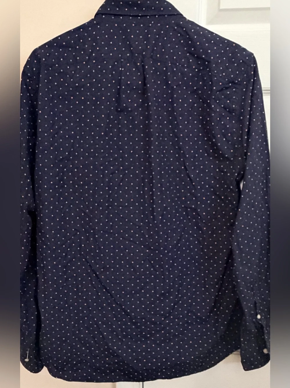 J. Crew Slim Navy Shirt with Blue and Pink Polka Dots